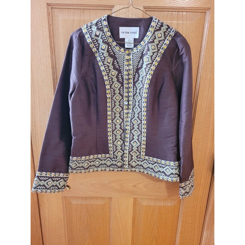 Vtg Victor Costa Brown 100% Silk Embellished Embroidered Jacket Size 4